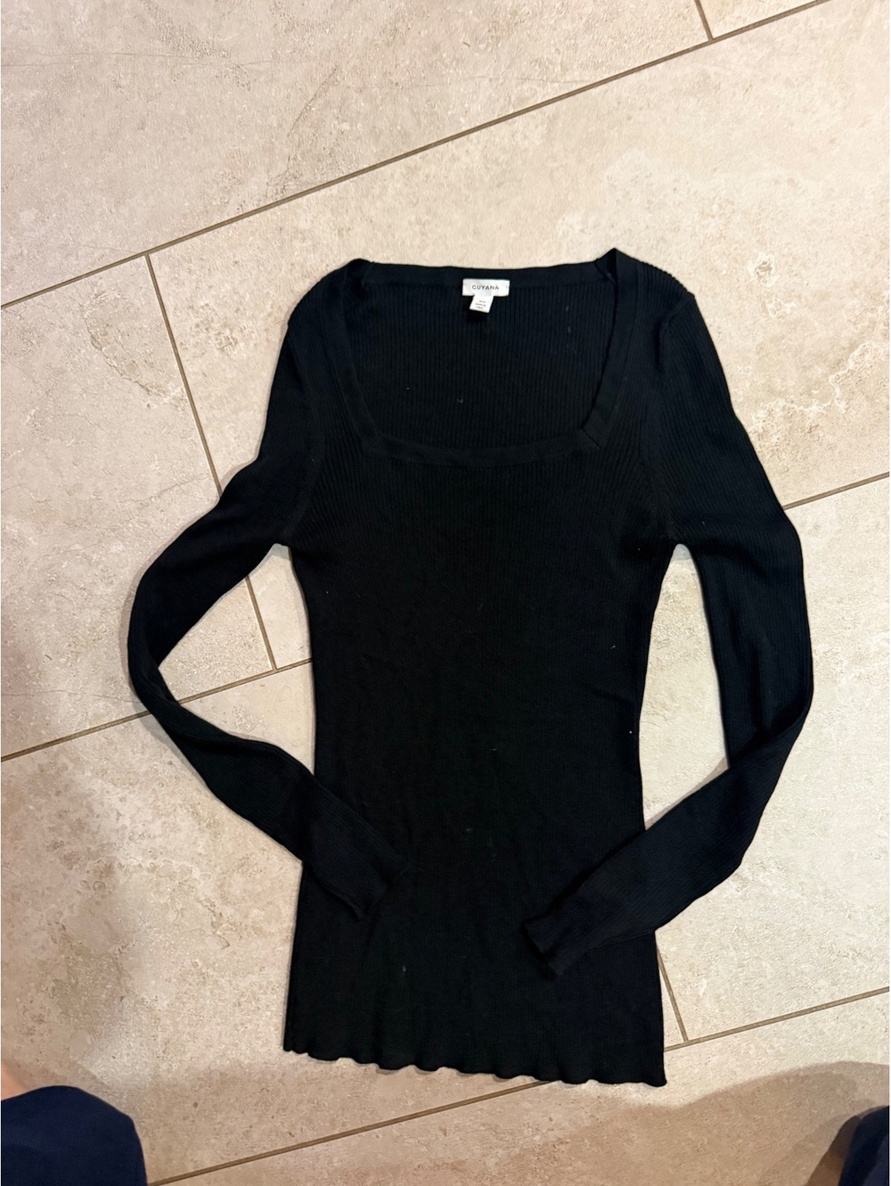 Cuyana Black Cotton/Silk/cashmere blend ribbed square neck long sleeve top S